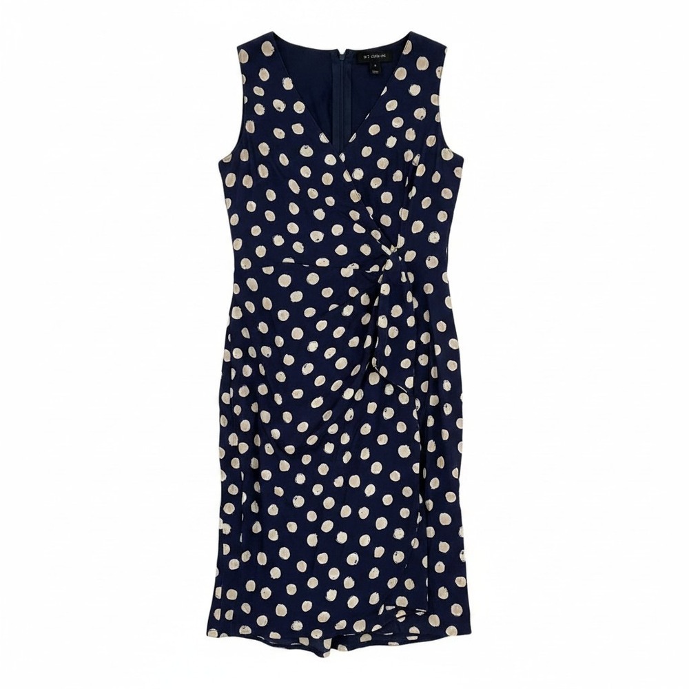 St. John Silk Blend Sheath Dress 2 Navy Blue Polka Dot Sleeveless Faux Wrap